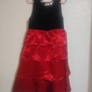 George Red Satin Tiered Dress with Black Bodice